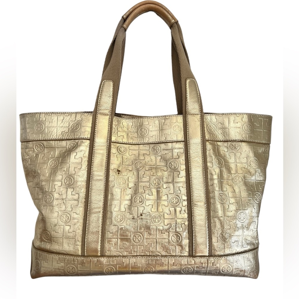 Tory Burch Golden Metallic Travel Tote Bag leather embossed logo lined